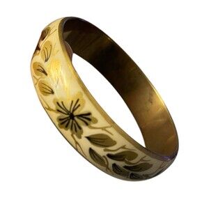 Vintage yellow/ivory/gold HandPainted Bangle Bracelet with Flower Design